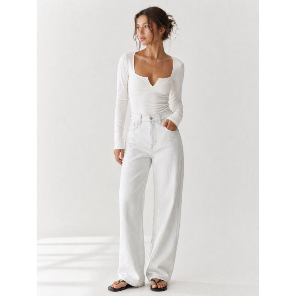 Free People Womens Zoe V Wire Ivory Bodysuit Medium Long Sleeve Romantic Boho